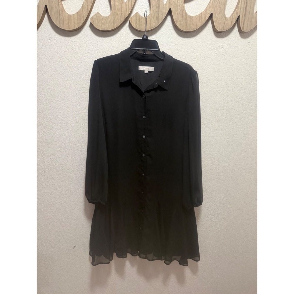 Loft Womens XL Black Button Down Long Sleeve Ruffle Hem Shirt Dress Mini